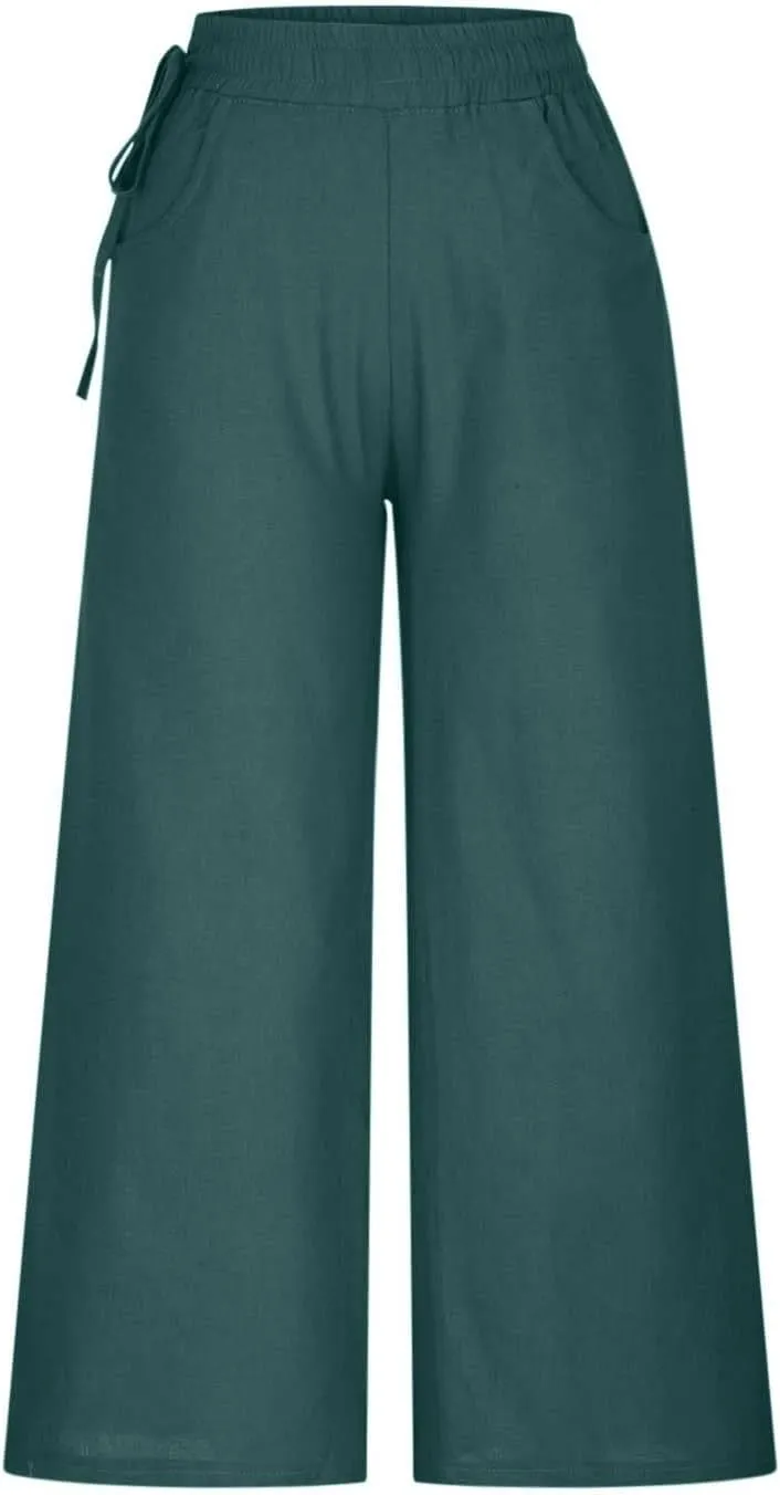Womens Cotton Linen Pants Casual 2025 Wide Leg Palazzo Pants High Waist Solid Loose Plus Size Trouser with Pockets