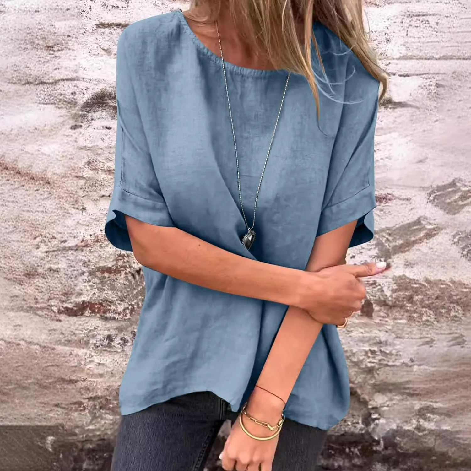 Womens Cotton Linen Shirts Casual Short Sleeve Blouses 2025 Trendy Loose Fit Crew Neck Solid Color Work Tops