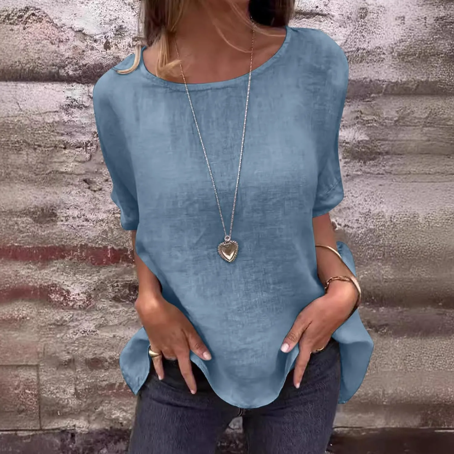 Womens Cotton Linen Shirts Casual Short Sleeve Blouses 2025 Trendy Loose Fit Crew Neck Solid Color Work Tops