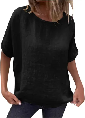 Womens Cotton Linen Shirts Casual Short Sleeve Blouses 2025 Trendy Loose Fit Crew Neck Solid Color Work Tops
