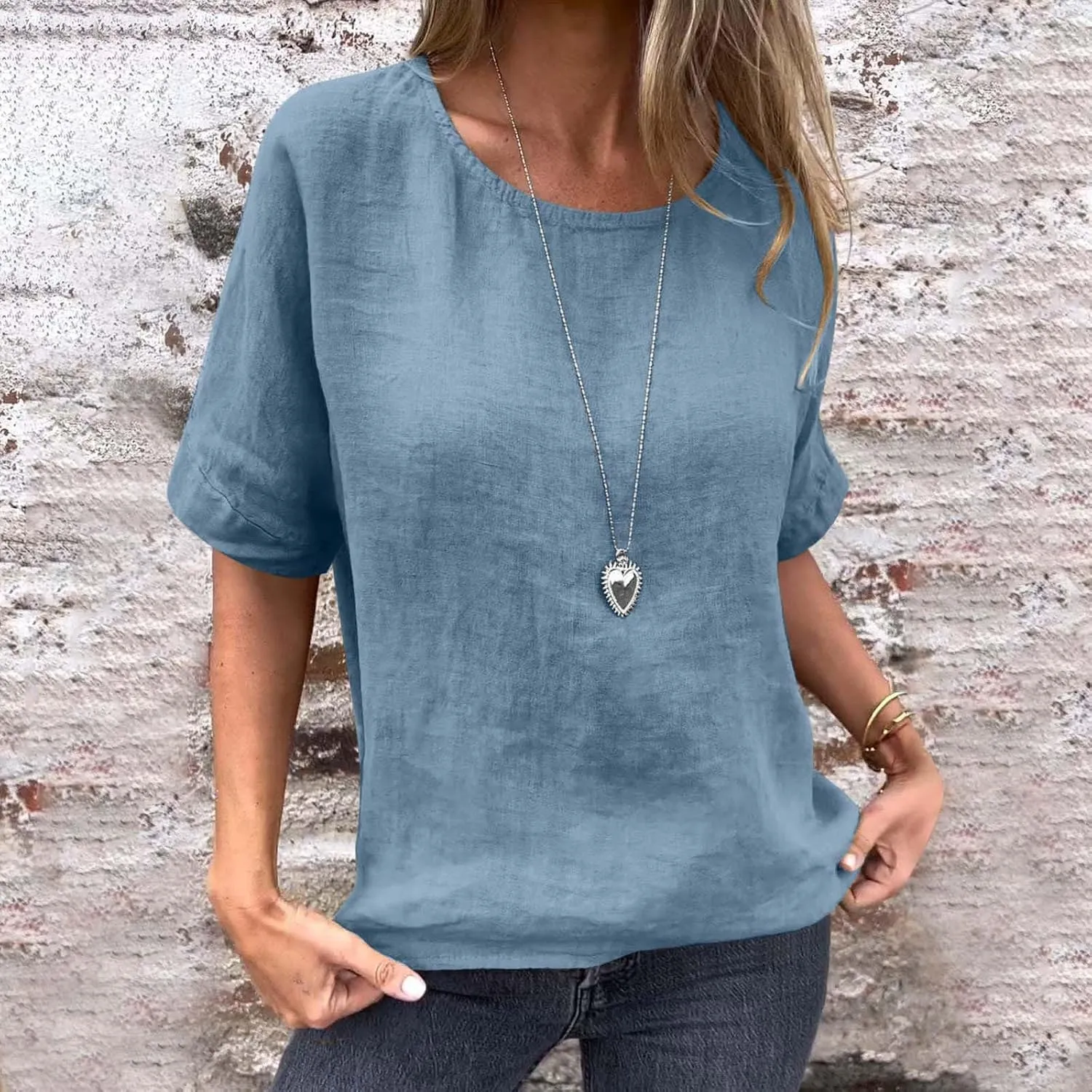 Womens Cotton Linen Shirts Casual Short Sleeve Blouses 2025 Trendy Loose Fit Crew Neck Solid Color Work Tops