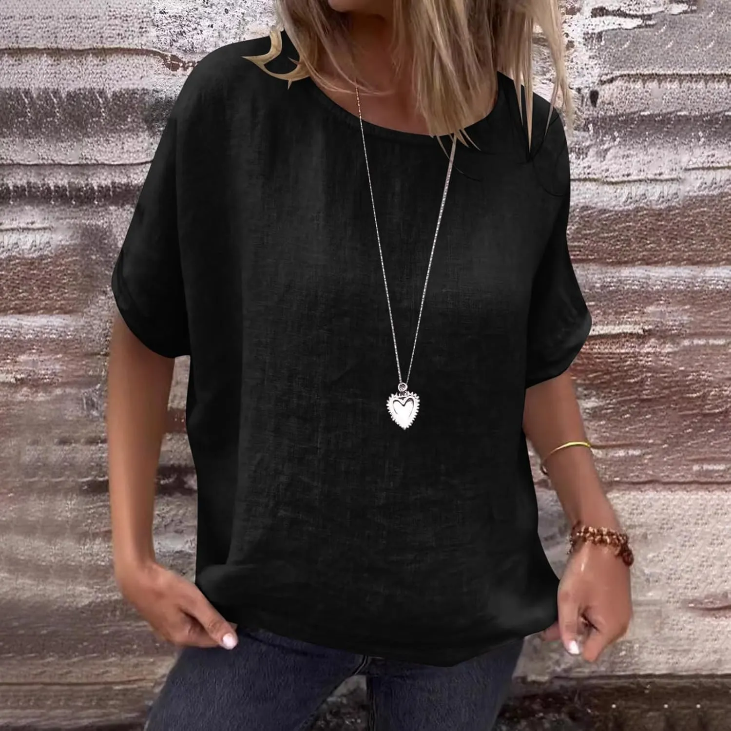 Womens Cotton Linen Shirts Casual Short Sleeve Blouses 2025 Trendy Loose Fit Crew Neck Solid Color Work Tops