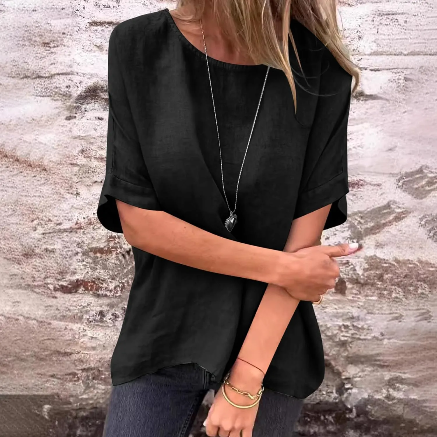 Womens Cotton Linen Shirts Casual Short Sleeve Blouses 2025 Trendy Loose Fit Crew Neck Solid Color Work Tops