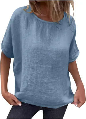 Womens Cotton Linen Shirts Casual Short Sleeve Blouses 2025 Trendy Loose Fit Crew Neck Solid Color Work Tops
