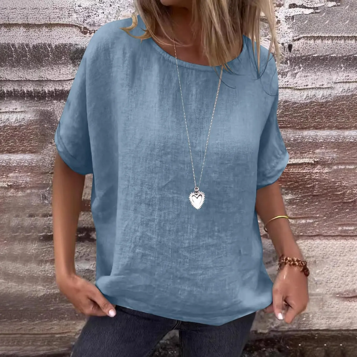 Womens Cotton Linen Shirts Casual Short Sleeve Blouses 2025 Trendy Loose Fit Crew Neck Solid Color Work Tops
