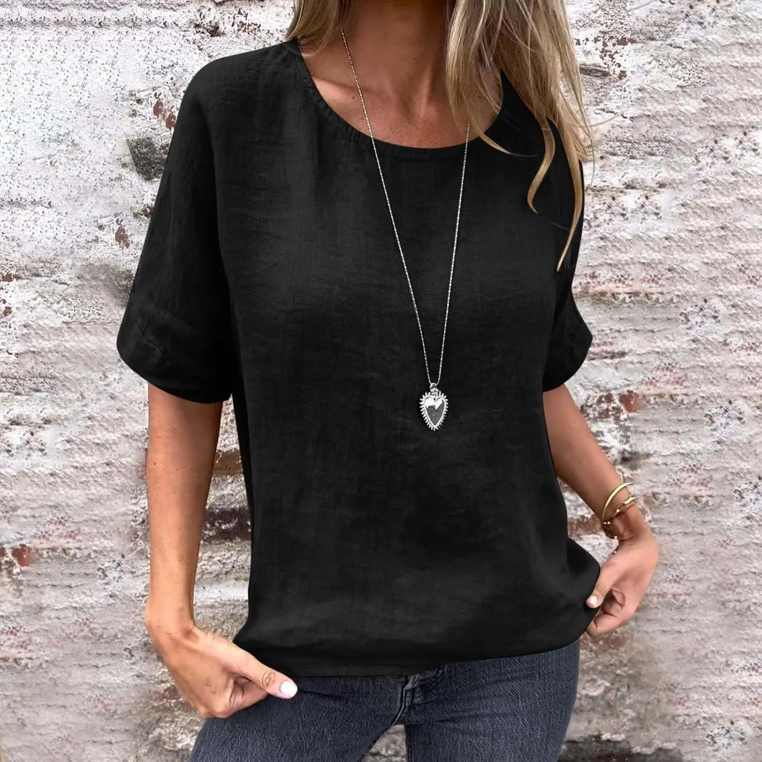 Womens Cotton Linen Shirts Casual Short Sleeve Blouses 2025 Trendy Loose Fit Crew Neck Solid Color Work Tops
