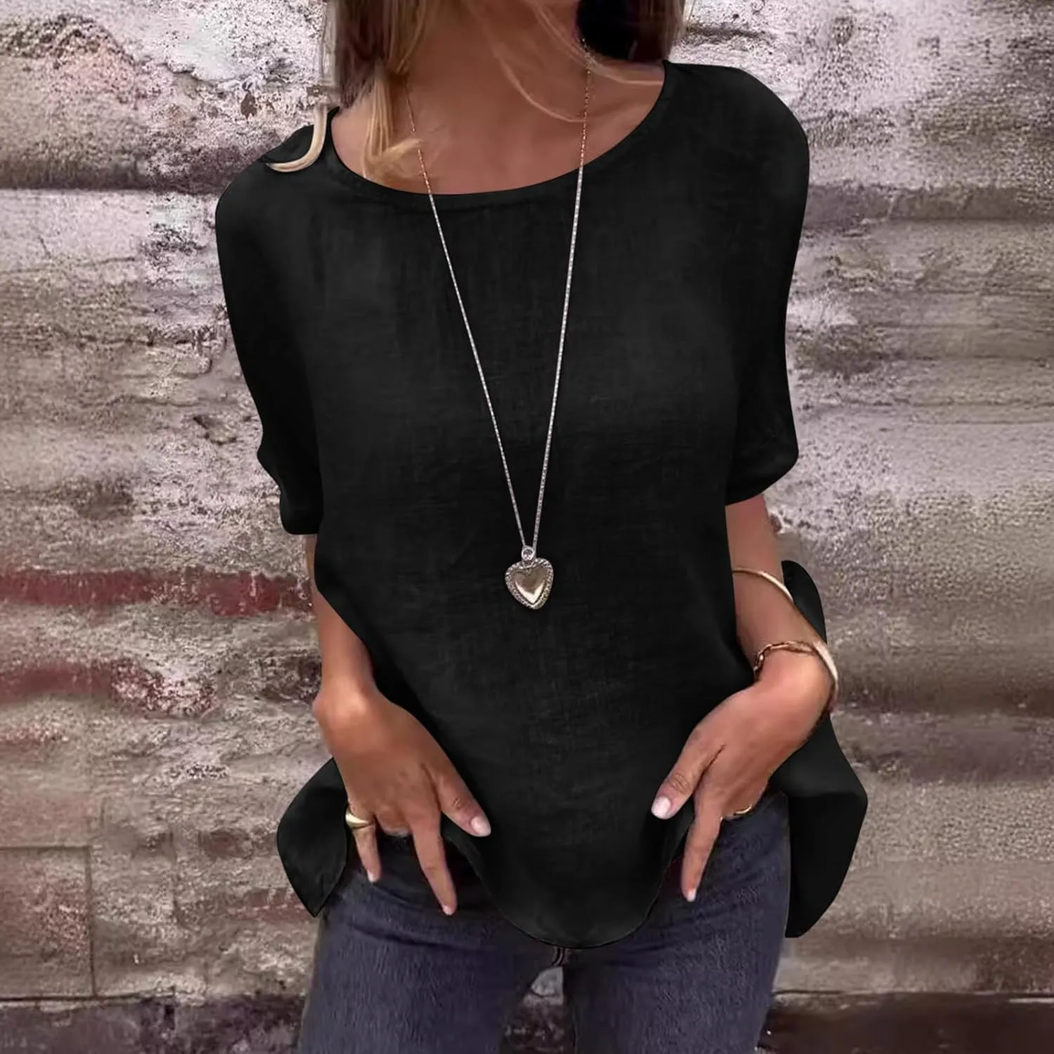 Womens Cotton Linen Shirts Casual Short Sleeve Blouses 2025 Trendy Loose Fit Crew Neck Solid Color Work Tops