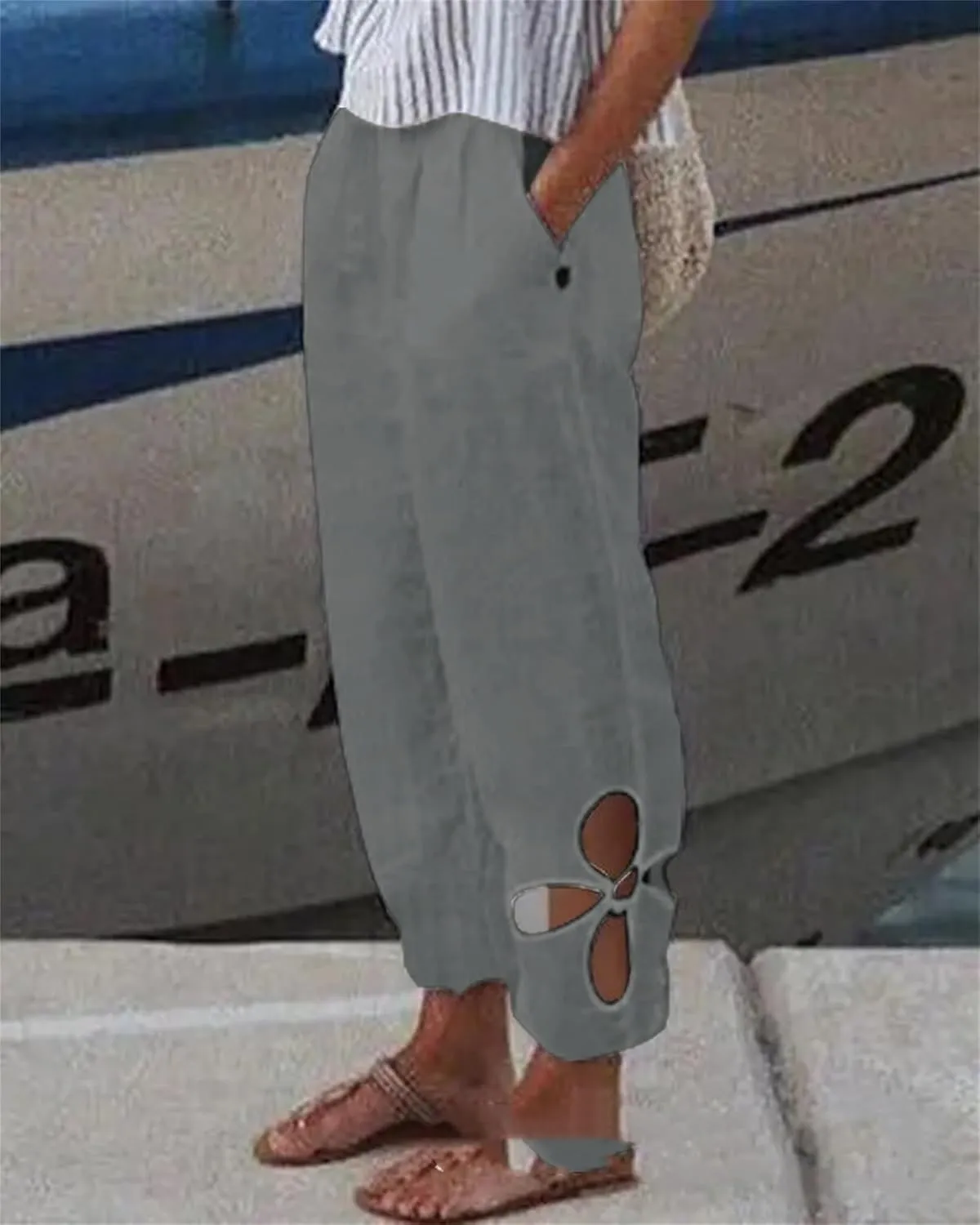 Women’s Cotton Linen Side Hollow Out Tapered Pant Elastic Mid Waist Solid Color Comfy Casual Lounge Pants with Pockets