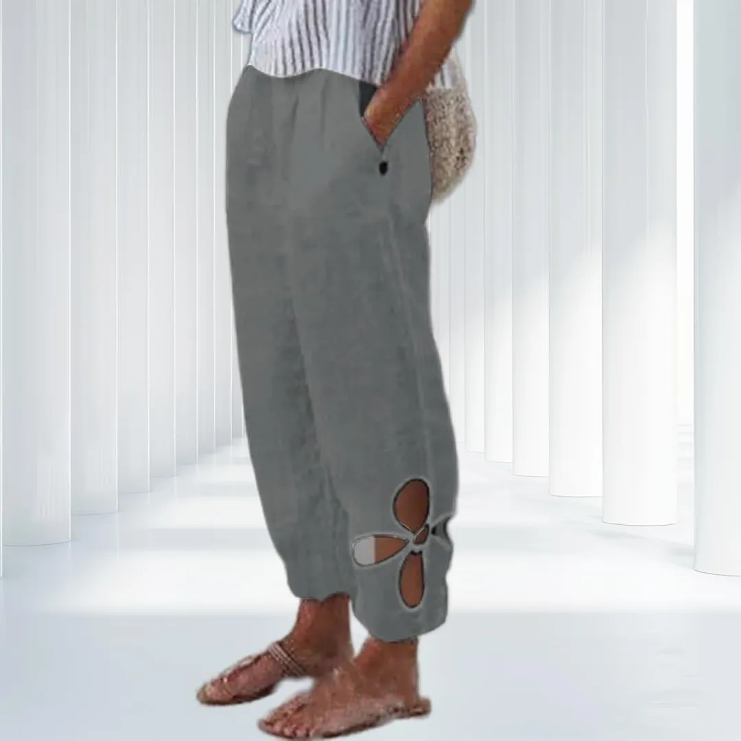Women’s Cotton Linen Side Hollow Out Tapered Pant Elastic Mid Waist Solid Color Comfy Casual Lounge Pants with Pockets