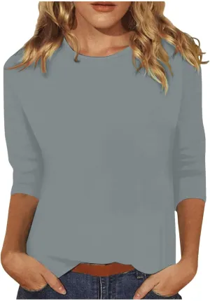 Womens Cotton Tops Casual Elbow Length Tee Shirts Round Neck Basic Tees Blouses Loose Fit Solid Color Tshirt Pullover