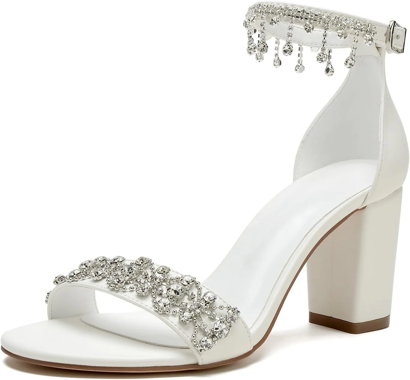 Women's Crystal Sandals Pumps Wedding Sandals For Bride Block Heels Satin Bridal Shoes Formal Evening Prom Party Shoes