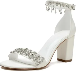 Women's Crystal Sandals Pumps Wedding Sandals For Bride Block Heels Satin Bridal Shoes Formal Evening Prom Party Shoes