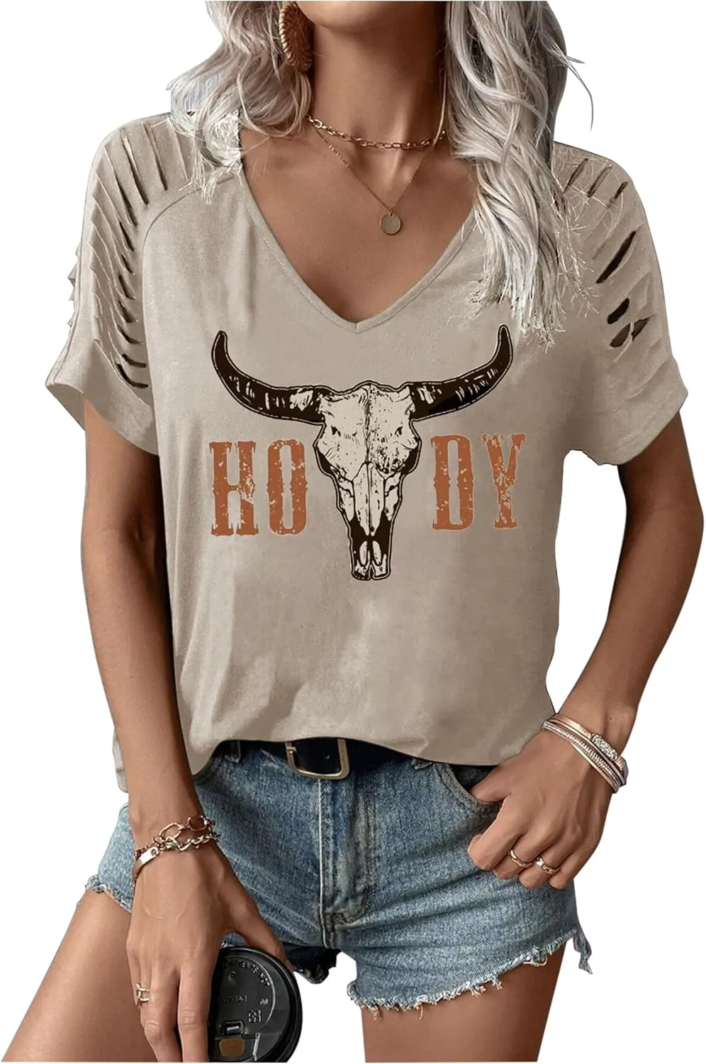 Womens Cut Out Cold Shoulder T Shirts Boho Floral Graphic Tshirts Nashville Country Lacerated Sleeve Cowgirls Tee Tops