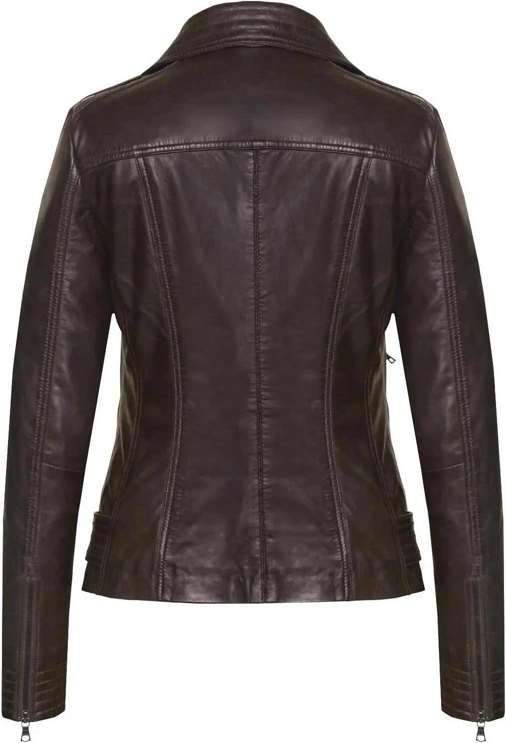 Women's Dark Brown Lambskin Biker Jacket Multiple-Stitch Detailing
