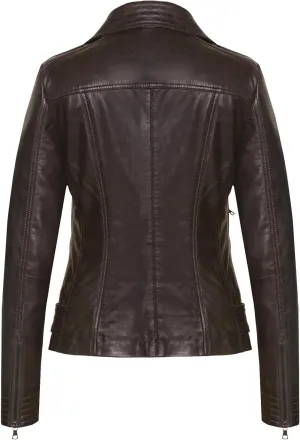 Women's Dark Brown Lambskin Biker Jacket Multiple-Stitch Detailing