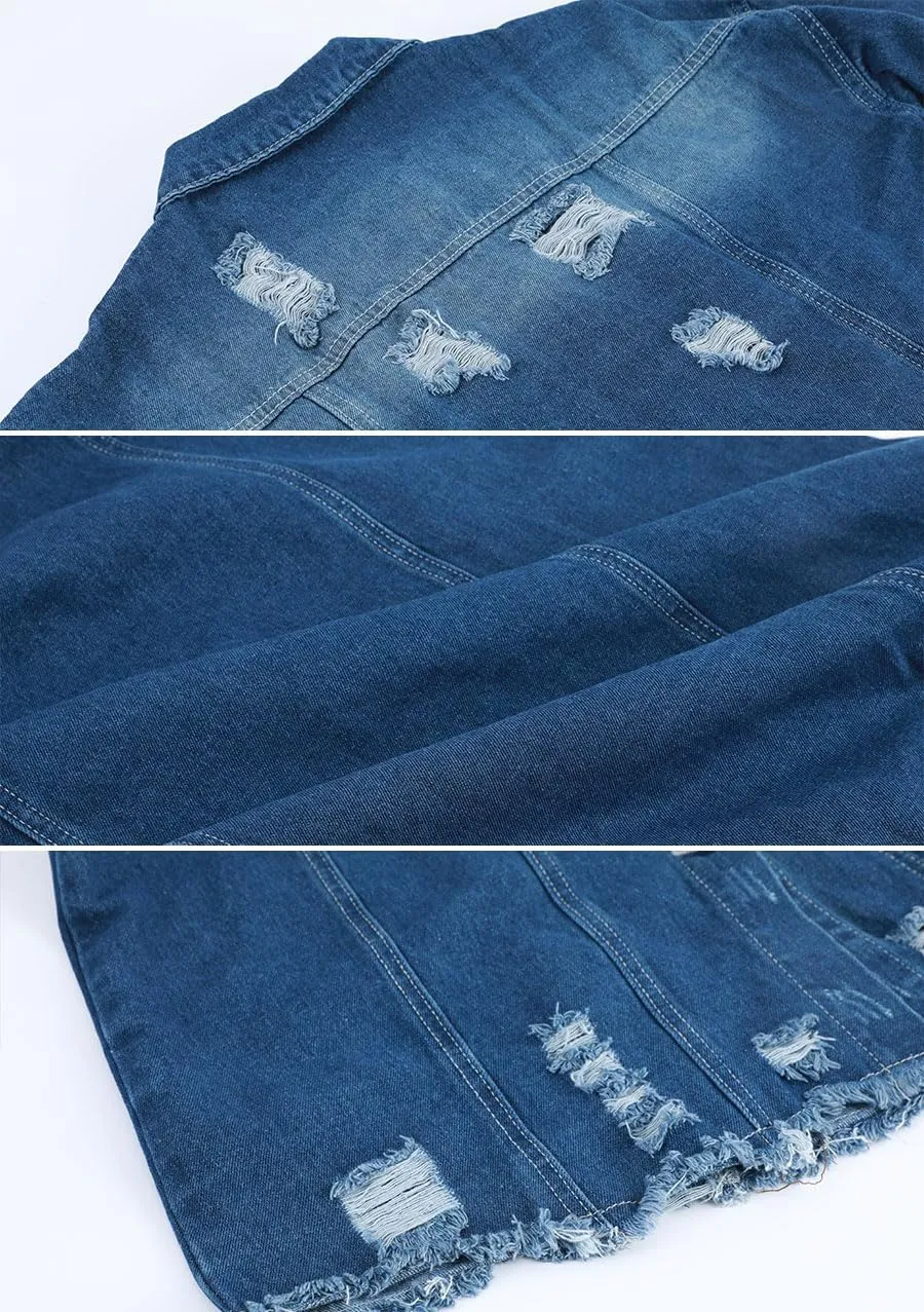 Womens Distressed Ripped Denim Trench Coat Casual Slim Button Down Washed Long Jean Jacket