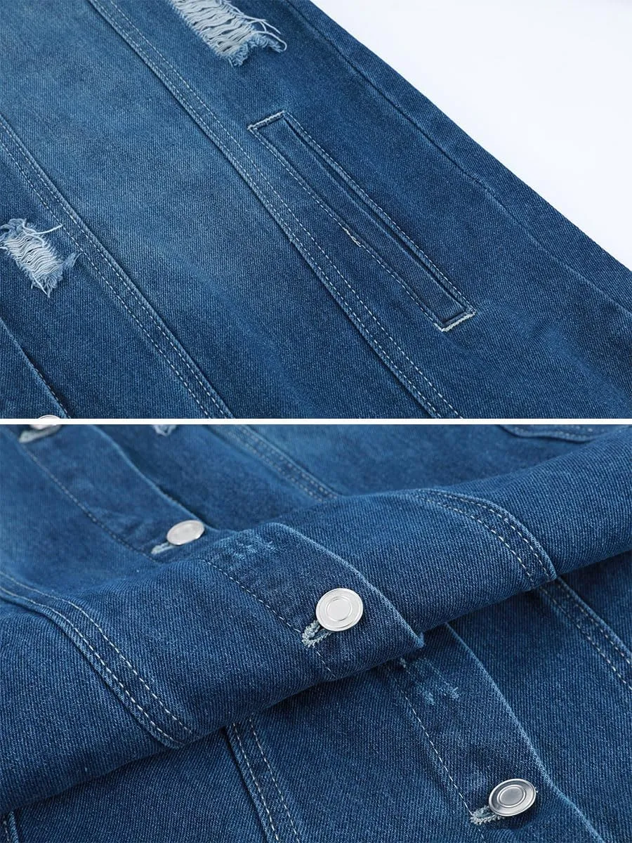 Womens Distressed Ripped Denim Trench Coat Casual Slim Button Down Washed Long Jean Jacket