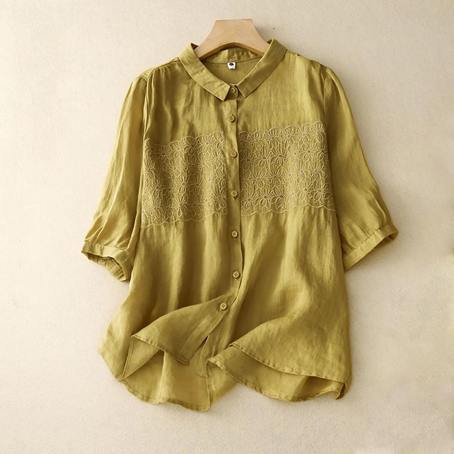 Women's Elbow Sleeve Button Down Cotton Linen Tops Shirts Simple Solid Color Collared Blouses Casual Loose T Shirt