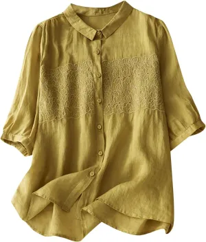 Women's Elbow Sleeve Button Down Cotton Linen Tops Shirts Simple Solid Color Collared Blouses Casual Loose T Shirt