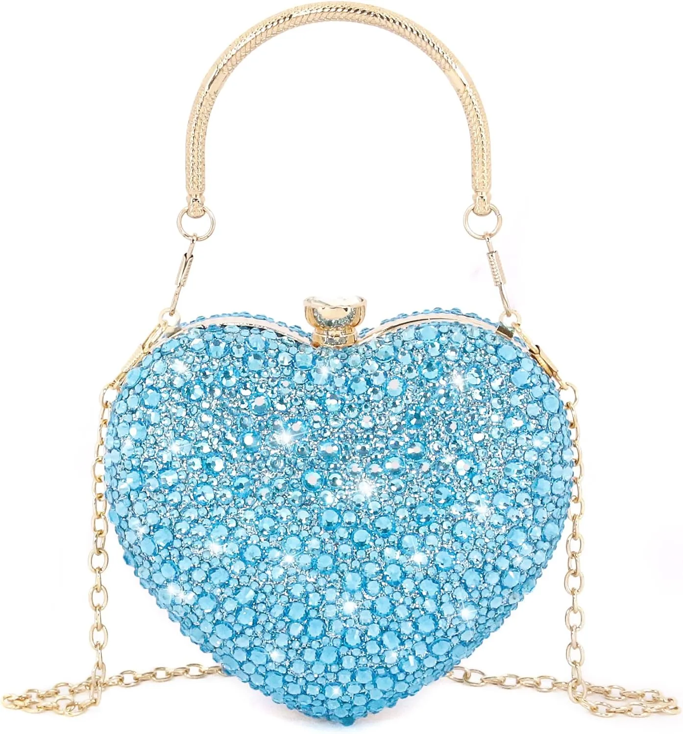 Womens Elegant Heart Type Evening Bag Shiny Rhinestone Clutch Purse Party Wedding Prom Handbag Chain Shoulder Bag