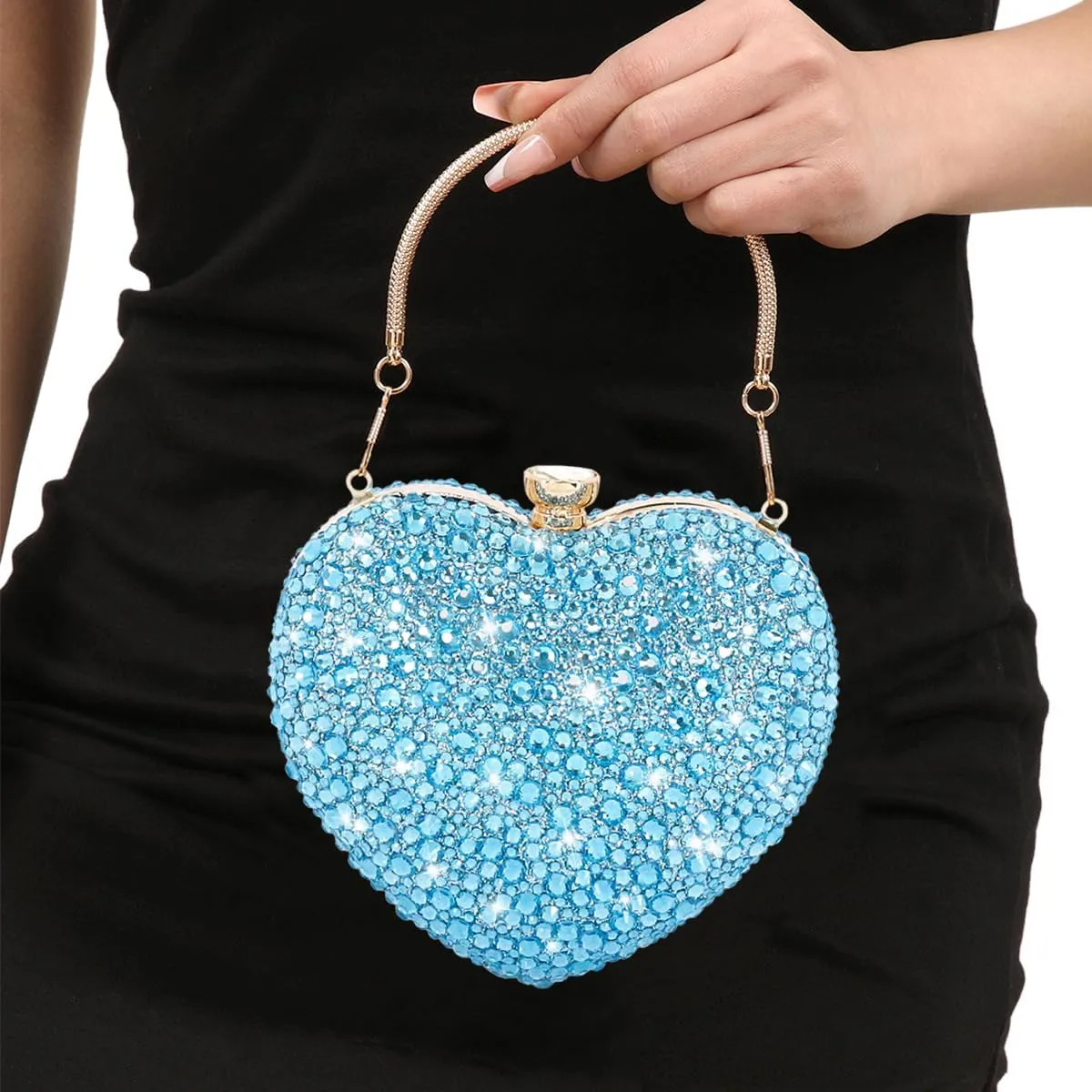Womens Elegant Heart Type Evening Bag Shiny Rhinestone Clutch Purse Party Wedding Prom Handbag Chain Shoulder Bag