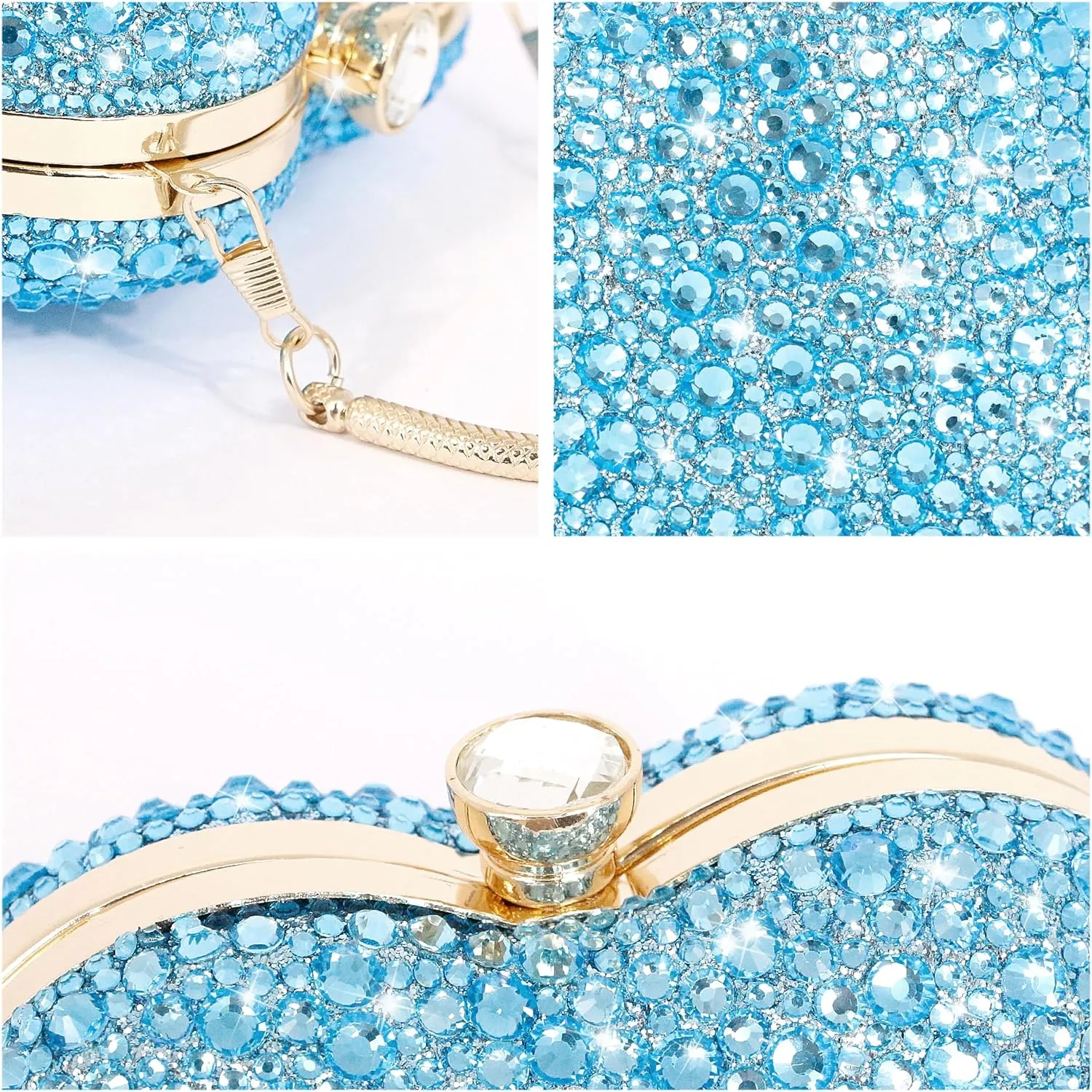 Womens Elegant Heart Type Evening Bag Shiny Rhinestone Clutch Purse Party Wedding Prom Handbag Chain Shoulder Bag