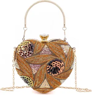 Womens Elegant Heart Type Evening Bag Shiny Rhinestone Clutch Purse Party Wedding Prom Handbag Chain Shoulder Bag