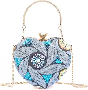 Womens Elegant Heart Type Evening Bag Shiny Rhinestone Clutch Purse Party Wedding Prom Handbag Chain Shoulder Bag