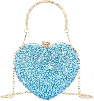 Womens Elegant Heart Type Evening Bag Shiny Rhinestone Clutch Purse Party Wedding Prom Handbag Chain Shoulder Bag