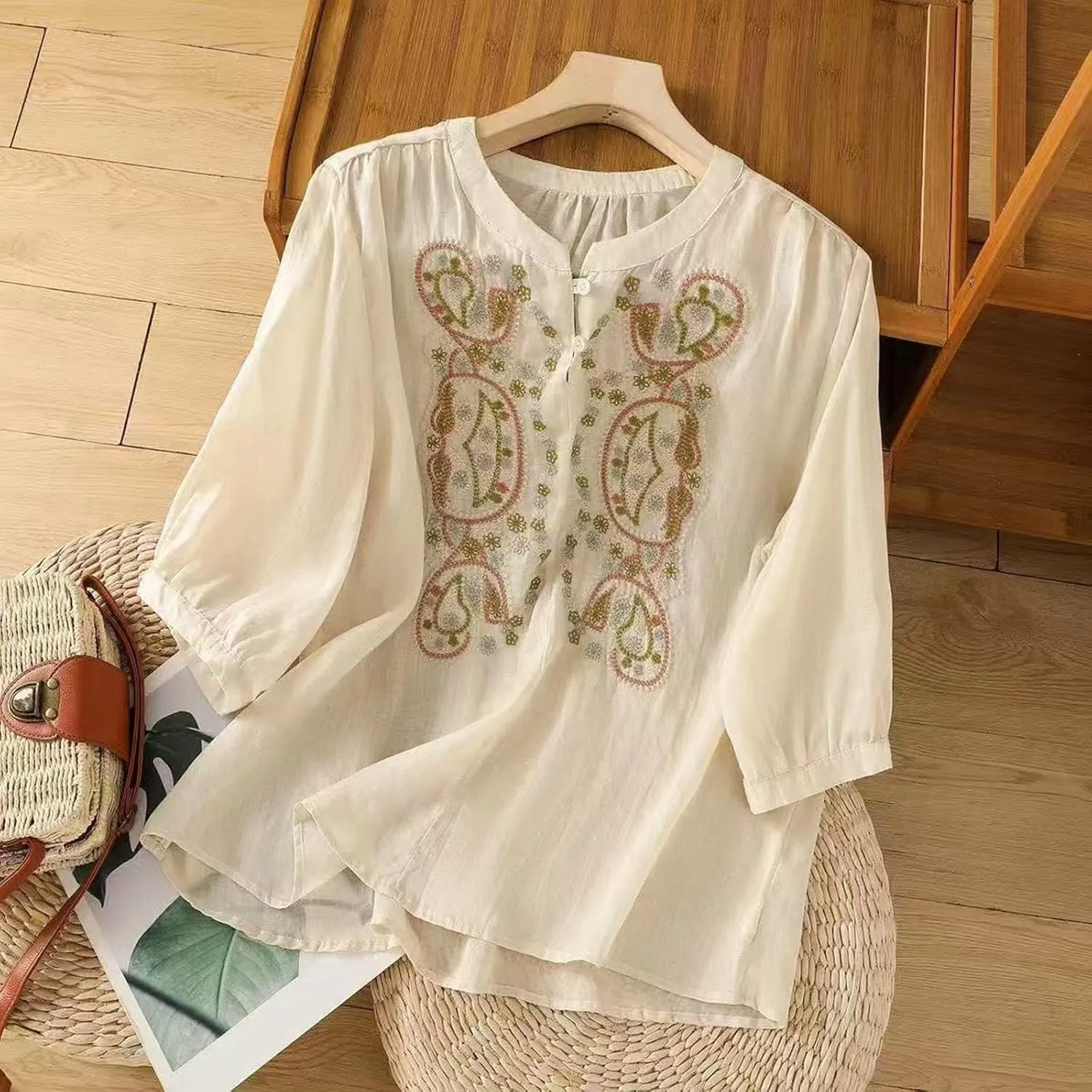 Womens Embroidered Shirts Solid Color Short Sleeve Linen Summer Casual Fashion Blouse Tops Loose T-Shirt