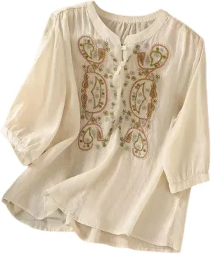 Womens Embroidered Shirts Solid Color Short Sleeve Linen Summer Casual Fashion Blouse Tops Loose T-Shirt