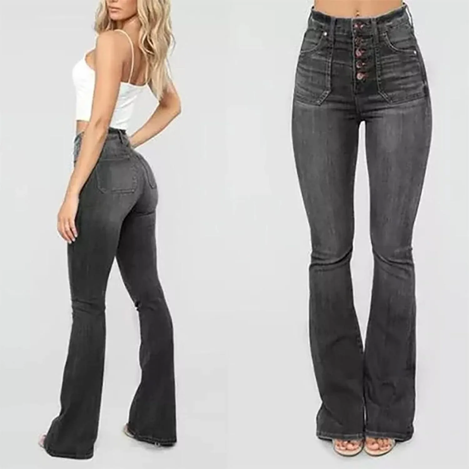 Women's Flare Bell Bottom Jeans Wide Leg Jeans Button High Waist Bootcut Pants Stretch Tummy Control Denim Pants