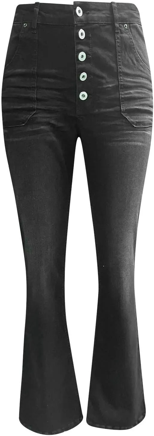 Women's Flare Bell Bottom Jeans Wide Leg Jeans Button High Waist Bootcut Pants Stretch Tummy Control Denim Pants