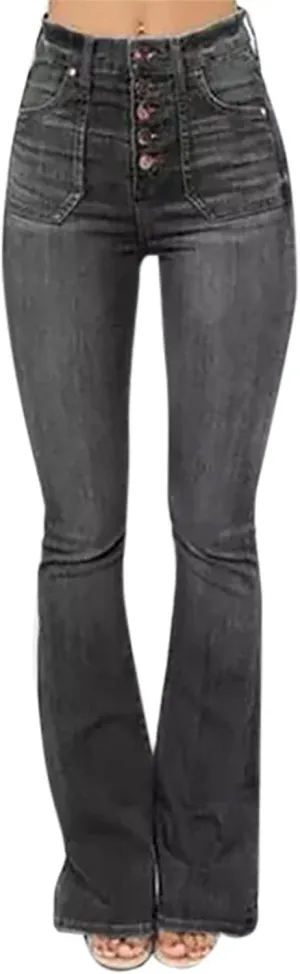 Women's Flare Bell Bottom Jeans Wide Leg Jeans Button High Waist Bootcut Pants Stretch Tummy Control Denim Pants