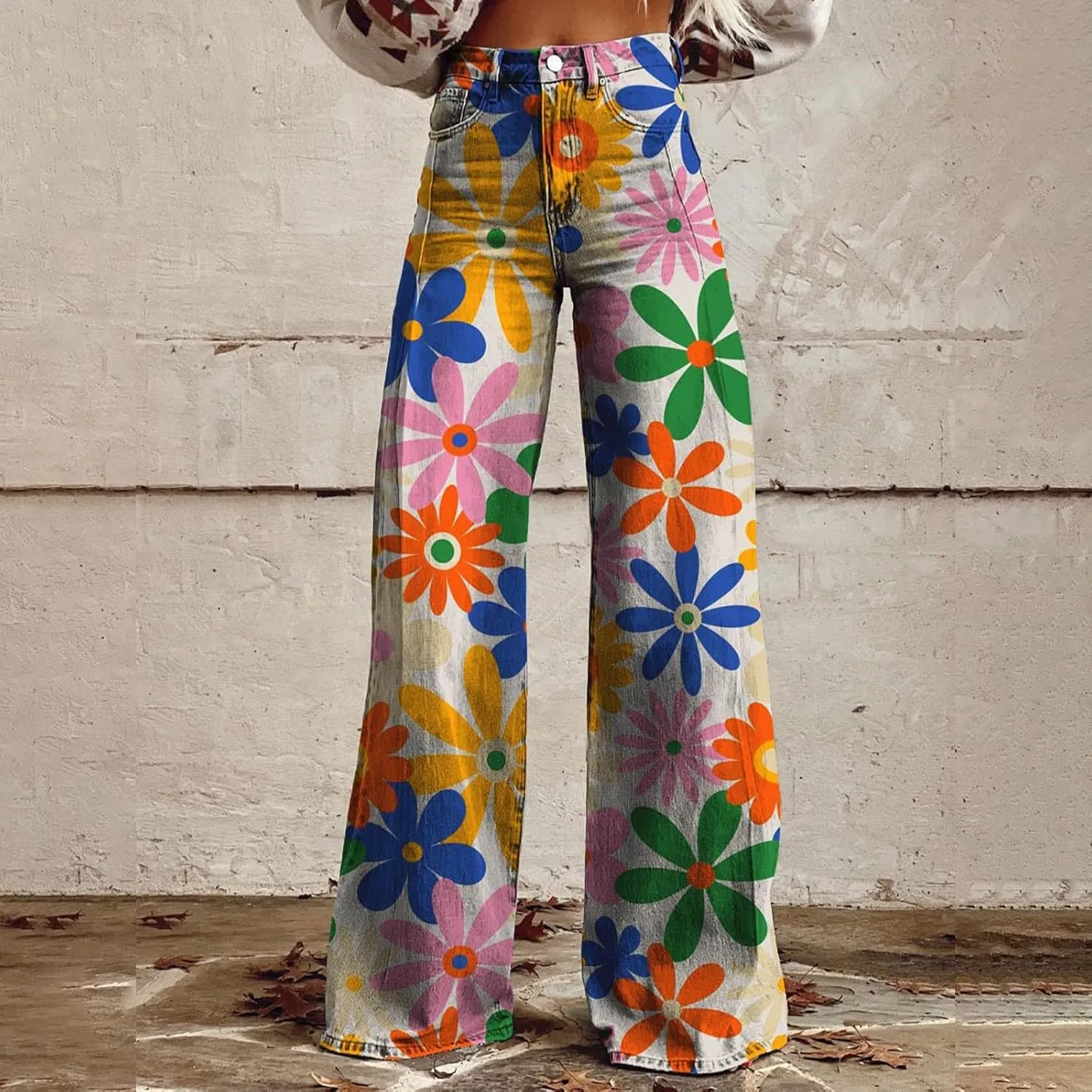 Women's Flare Jeans 2025,Utility Pockets Baggy Trousers Vintage Plaid Print High Waisted Loose Fit Bottoms