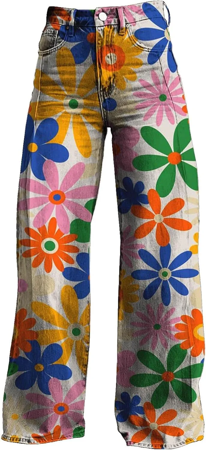 Women's Flare Jeans 2025,Utility Pockets Baggy Trousers Vintage Plaid Print High Waisted Loose Fit Bottoms