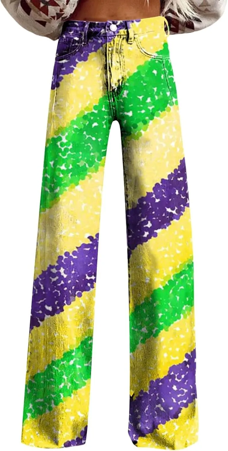 Women's Flare Jeans Wide Leg Baggy Pant Vintage Floral Print High Waisted Straight Stretch Loose Pants with Pockets