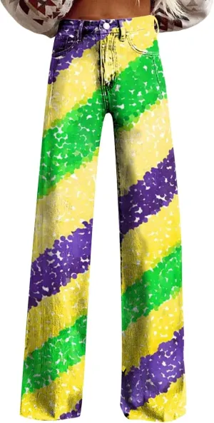 Women's Flare Jeans Wide Leg Baggy Pant Vintage Floral Print High Waisted Straight Stretch Loose Pants with Pockets