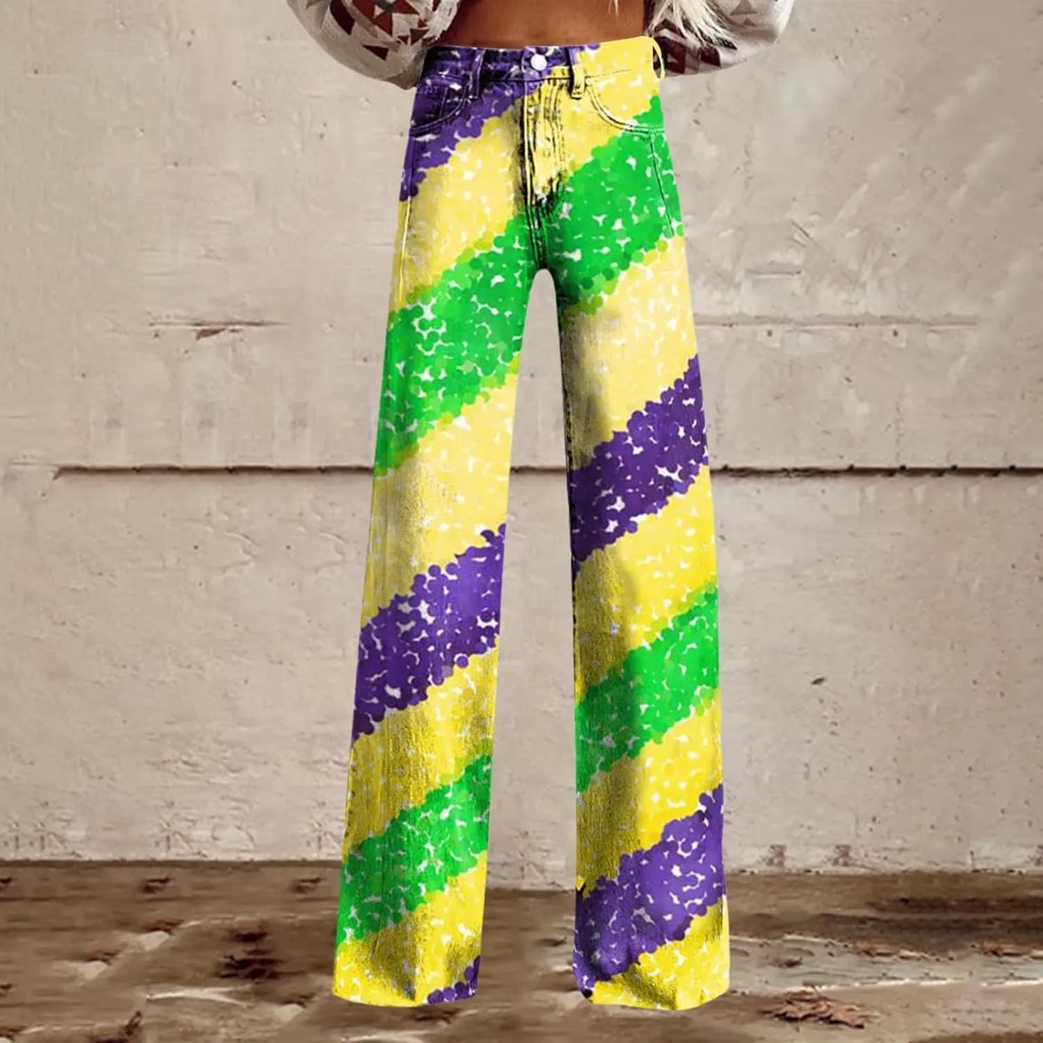 Women's Flare Jeans Wide Leg Baggy Pant Vintage Floral Print High Waisted Straight Stretch Loose Pants with Pockets