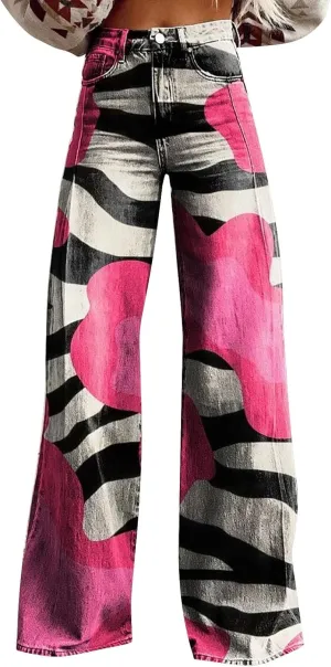 Women's Flare Wide Leg Jeans High Waisted Casual Denim Vintage Floral Print Pants Casual Colorful Baggy Trouser