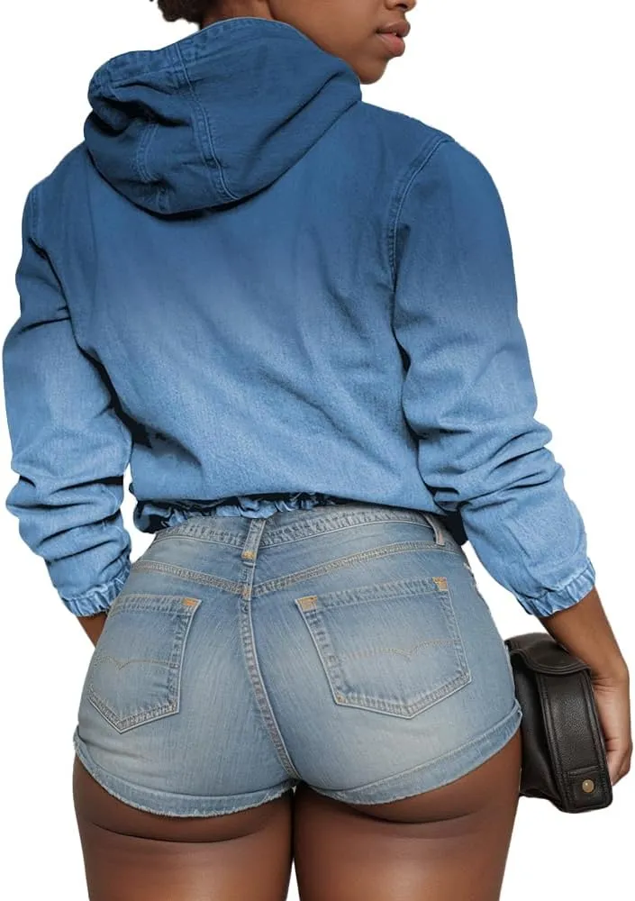 Women's Half Zip Denim Hoodie Pullover Jacket Jean Tops