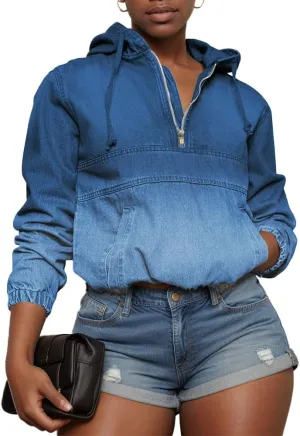 Women's Half Zip Denim Hoodie Pullover Jacket Jean Tops