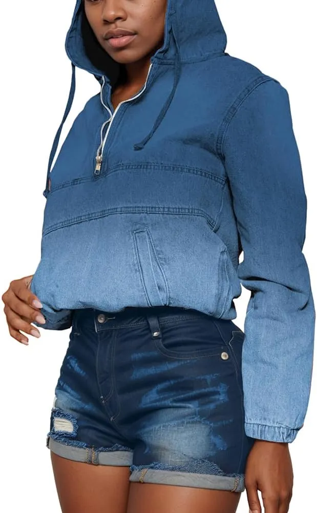 Women's Half Zip Denim Hoodie Pullover Jacket Jean Tops