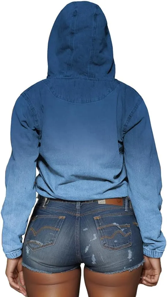 Women's Half Zip Denim Hoodie Pullover Jacket Jean Tops