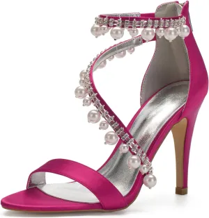 Women's High Heel Sandals Open Toe Ankle Strap Satin Crystal Wedding Shoes for Bride Formal Prom Party Dress Shoes Pump Sandals