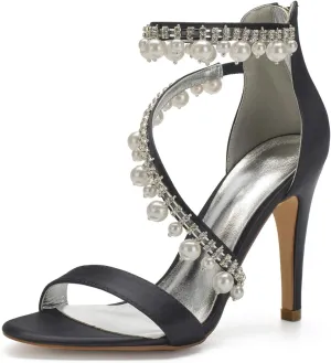Women's High Heel Sandals Open Toe Ankle Strap Satin Crystal Wedding Shoes for Bride Formal Prom Party Dress Shoes Pump Sandals