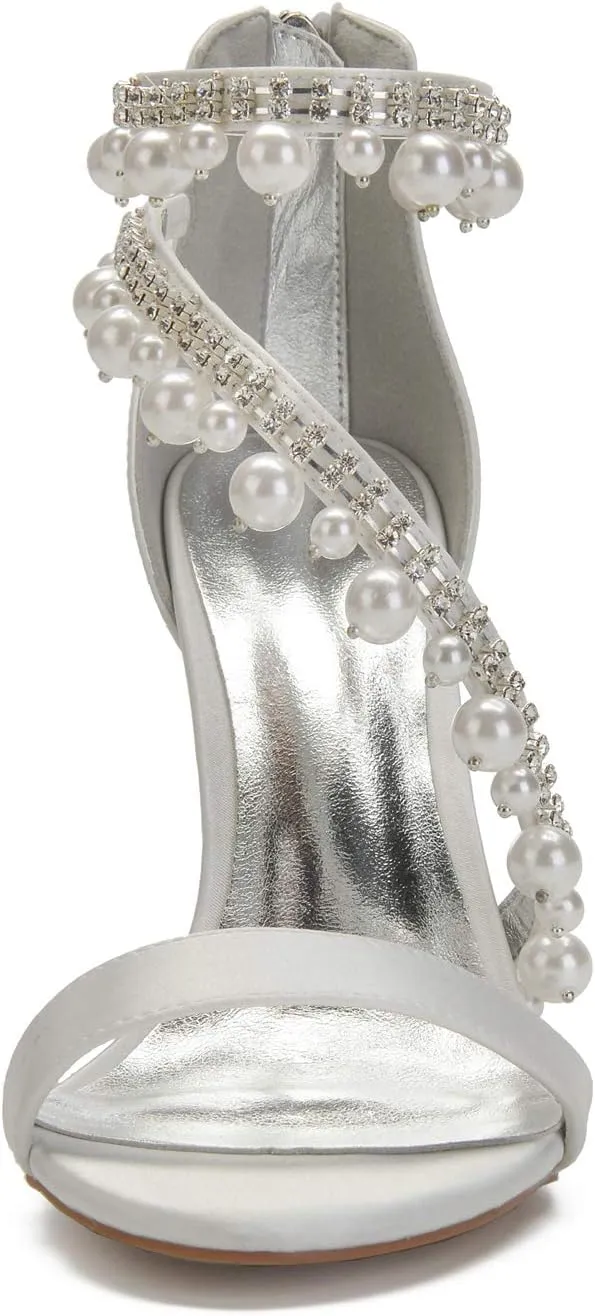 Women's High Heel Sandals Open Toe Ankle Strap Satin Crystal Wedding Shoes for Bride Formal Prom Party Dress Shoes Pump Sandals