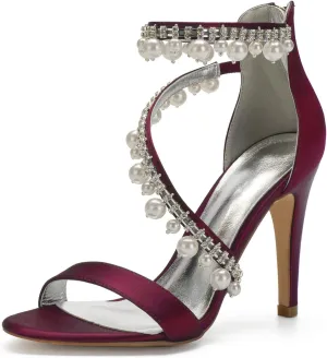 Women's High Heel Sandals Open Toe Ankle Strap Satin Crystal Wedding Shoes for Bride Formal Prom Party Dress Shoes Pump Sandals