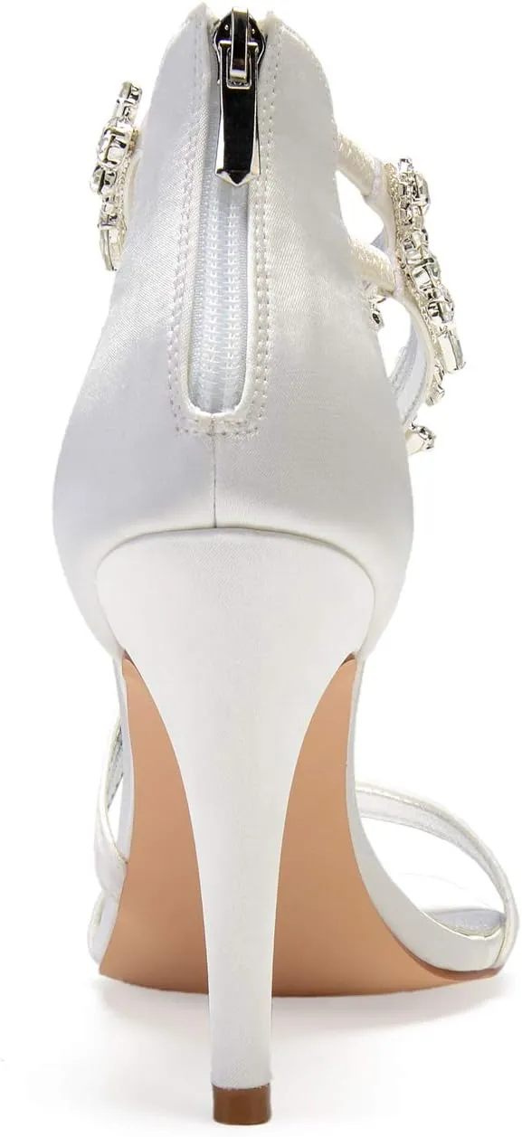 Women's High Heel Sandals Open Toe Ankle Strap Satin Crystal Wedding Shoes for Bride Formal Prom Party Dress Shoes Pump Sandals