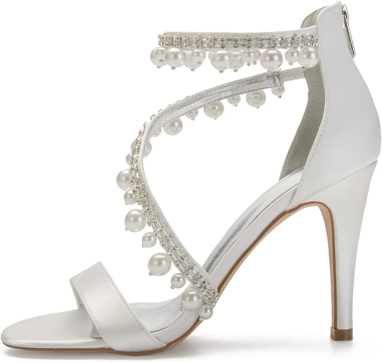 Women's High Heel Sandals Open Toe Ankle Strap Satin Crystal Wedding Shoes for Bride Formal Prom Party Dress Shoes Pump Sandals